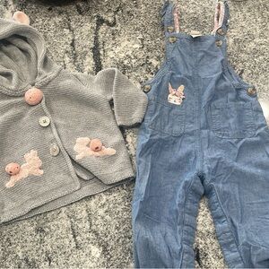 Monsoon Gray Knit Cardigan and Blue Overalls Set